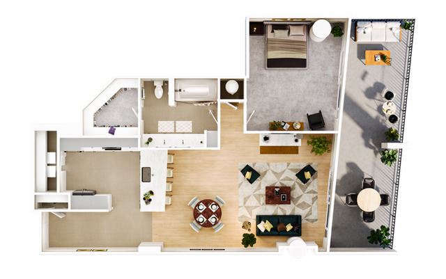 Chic 2D apartment floor plan featuring a spacious living room, modern kitchen, elegant bathroom, cozy bedroom, and a stylish balcony with outdoor seating.