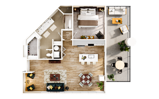 Elegant floor plan showcasing a spacious 1-bedroom apartment with a modern bathroom, open-concept kitchen and dining area, stylish living room, and expansive balcony with outdoor seating.
