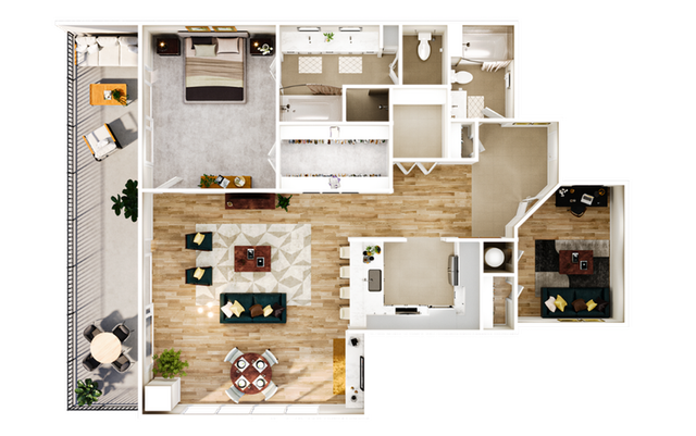 Elegant 3D floor plan showcasing a spacious layout with 1 bedroom, modern kitchen, inviting living area, home office, and outdoor patio.