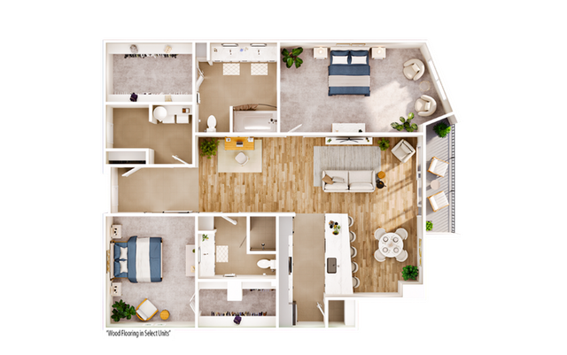 Modern 2D floor plan showcasing 2 bedrooms, open living space, and a sleek kitchen with balcony access.