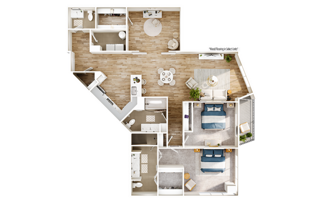 Chic 2D floor plan featuring two bedrooms, an airy open-concept living and dining area, and a modern kitchen, perfect for comfortable living.