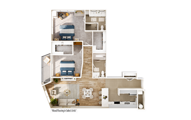Modern 3-bedroom apartment floor plan showcasing an open living room, elegant kitchen, and two sleek bathrooms with wood flooring in select units.