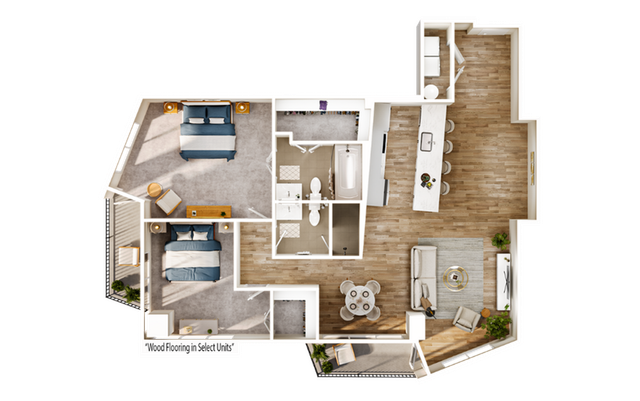 Modern 2D floor plan showcasing two cozy bedrooms, an elegant open-concept kitchen with a breakfast bar, and a sunlit living area, featuring wood flooring in select units.