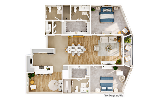 Modern 3D floor plan showcasing a luxurious 2-bedroom apartment with contemporary kitchen, elegant dining area, and spacious living room leading to a private balcony.