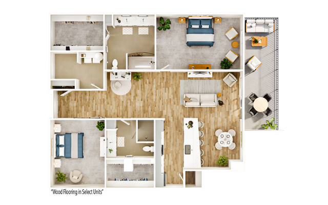 Chic apartment floor plan showcasing 2 spacious bedrooms, modern open-plan living area, elegant kitchen with island, and a cozy balcony for outdoor relaxation.