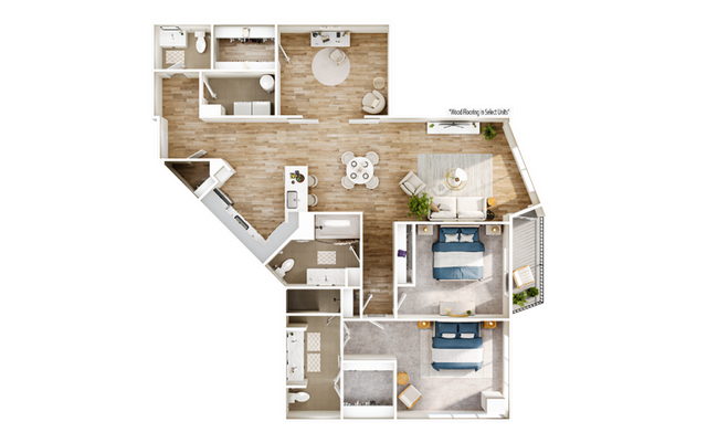 Contemporary 3D floor plan featuring two spacious bedrooms, a modern open-concept living and dining area, stylish kitchen, and luxurious bathrooms with wood flooring in select units.