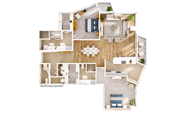 Contemporary floor plan with 2 bedrooms, expansive living room, stylish dining area, and modern kitchen, featuring wood flooring in select units.