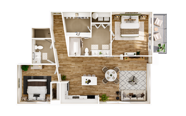 Modern 2D floor plan featuring two bedrooms, an open-plan kitchen with an island, cozy living area, and spacious bathroom, perfect for comfortable living.