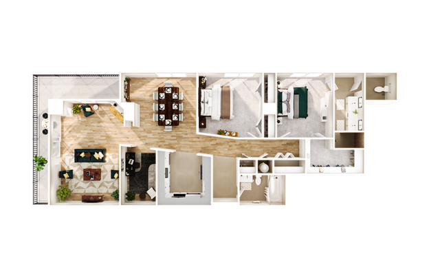 Modern floor plan showcasing a spacious layout with two bedrooms, a stylish open living area, elegant dining space, and well-appointed kitchen.