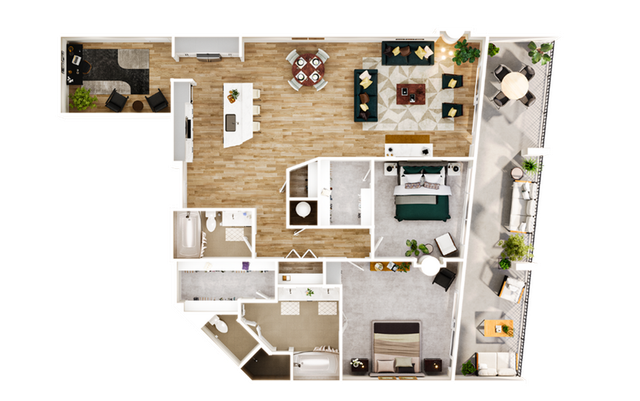 Chic apartment floor plan showcasing 2 bedrooms, spacious living and dining area, modern kitchen, and a cozy balcony.
