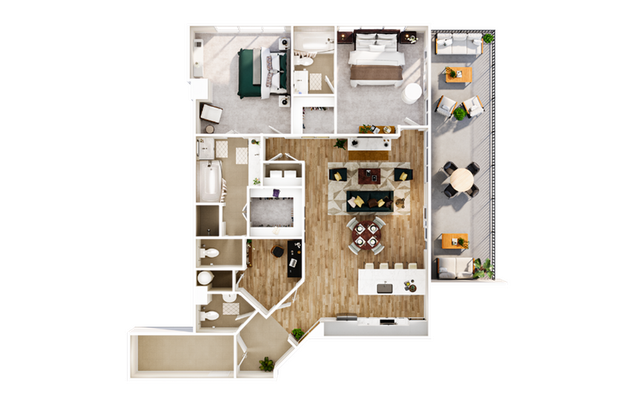 Modern apartment floor plan showcasing 2 spacious bedrooms, elegant open-concept living and dining area, sleek kitchen, and charming balcony for outdoor relaxation.