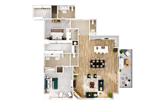 Elegant 3D floor plan showcasing two spacious bedrooms, a luxurious open-concept living and dining area, a modern kitchen, and a cozy balcony, perfect for urban living.