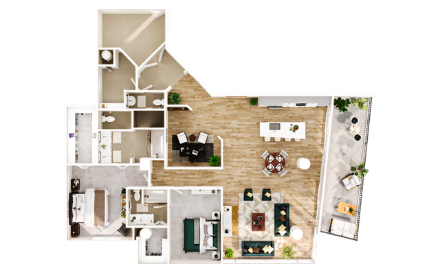 Modern floor plan showcasing 2 bedrooms, open-concept living area with dining space, and stylish kitchen with balcony access.