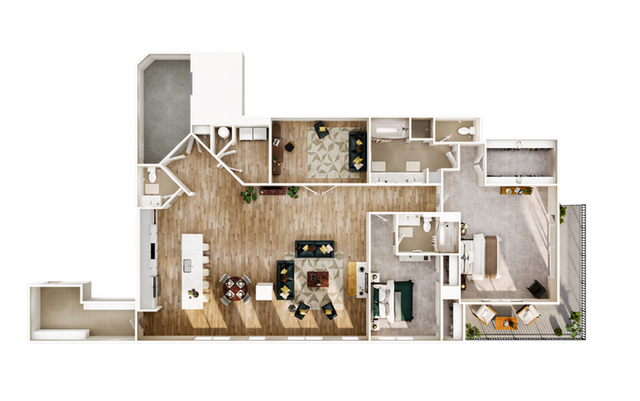 Modern floor plan showcasing a spacious open-concept layout with two luxurious bedrooms, two elegant bathrooms, a chic kitchen, and a cozy living area, perfect for entertaining.