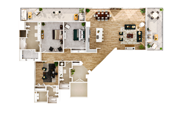 Elegant and spacious floor plan featuring 3 bedrooms, a modern open-concept kitchen with island, stylish living and dining areas, and two balconies for outdoor relaxation.