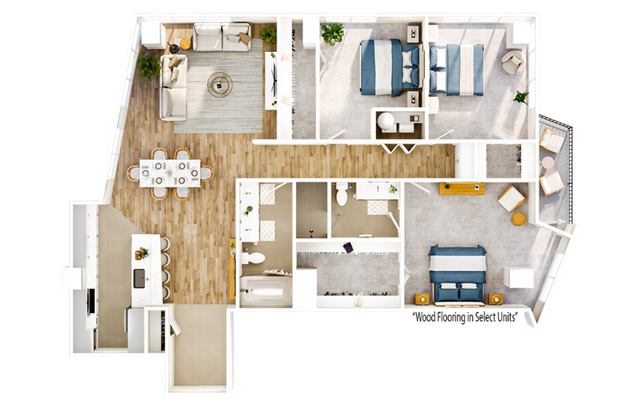 Contemporary floor plan highlighting 3 bedrooms, open living and dining area, modern kitchen, and cozy balcony, featuring wood flooring in select units.