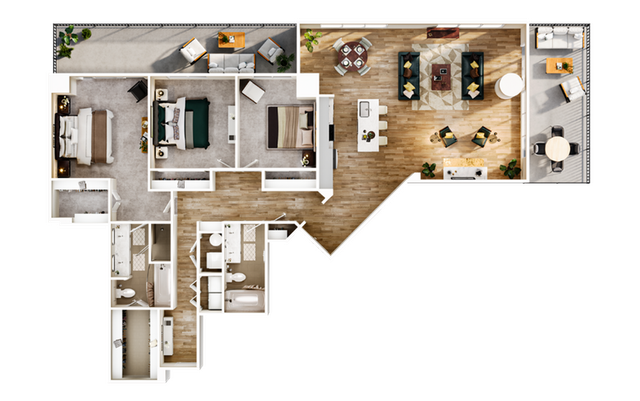 Elegant floor plan showcasing a spacious 3-bedroom apartment with open-concept living area, modern kitchen, and private balcony.