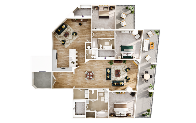 Bright and spacious 3-bedroom floor plan featuring a modern open-concept kitchen, dual living areas, and a large balcony with stunning views.