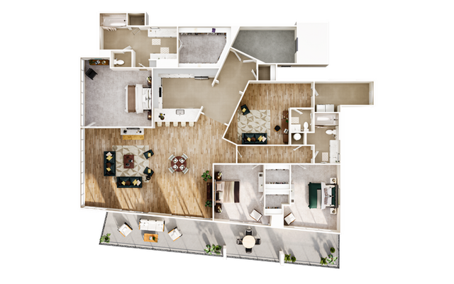 Modern and spacious floor plan featuring 3 bedrooms, an open-concept kitchen, elegant dining area, comfortable living room, and a private balcony.