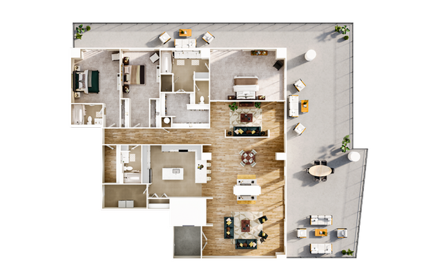 Modern 3-bedroom apartment floor plan featuring a spacious open-concept living area, contemporary kitchen, and expansive outdoor terrace with stylish seating arrangements.