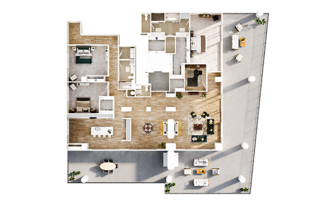 Elegant open floor plan featuring 2 bedrooms, a spacious living area, modern kitchen, and a large terrace with outdoor seating.