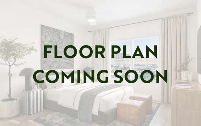 Elegant bedroom with large window, cozy bedding, and modern decor; floor plan details coming soon.