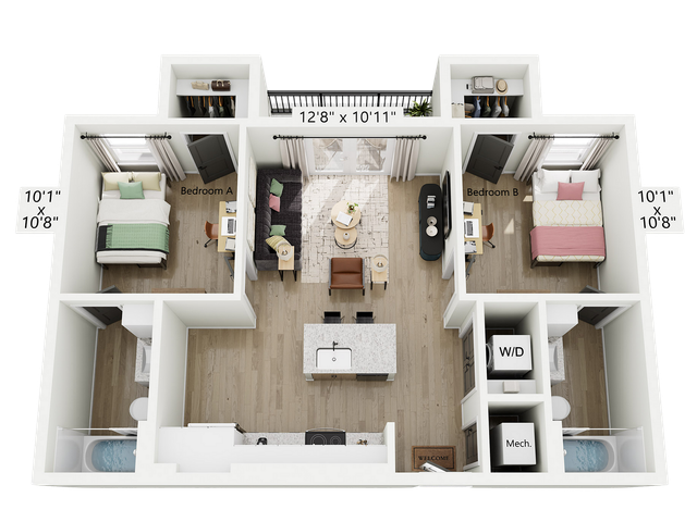 Modern 3D floor plan featuring 2 bedrooms, open-concept living area, kitchen island, and in-unit laundry with elegant finishes.