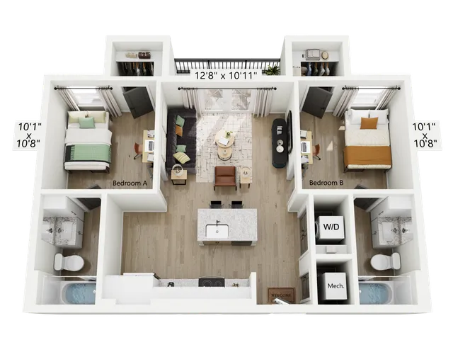 Modern floor plan showcasing 2 spacious bedrooms, elegant living area, stylish kitchen, and luxurious bathrooms, perfect for cozy living.