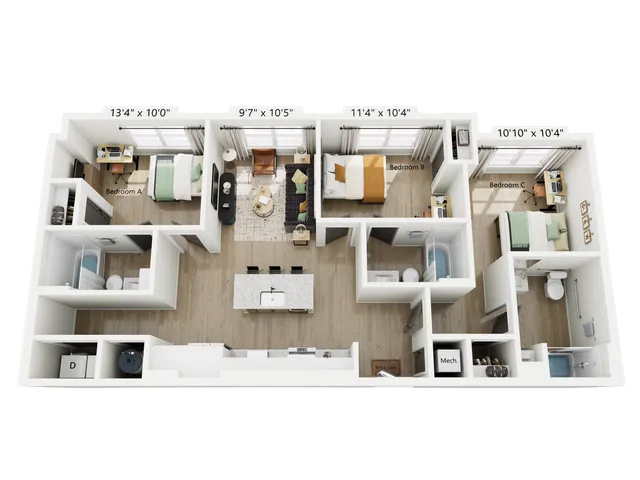 Inviting 3D floor plan showcasing spacious 3 bedrooms, modern open-plan kitchen with island, and stylish living area filled with natural light.