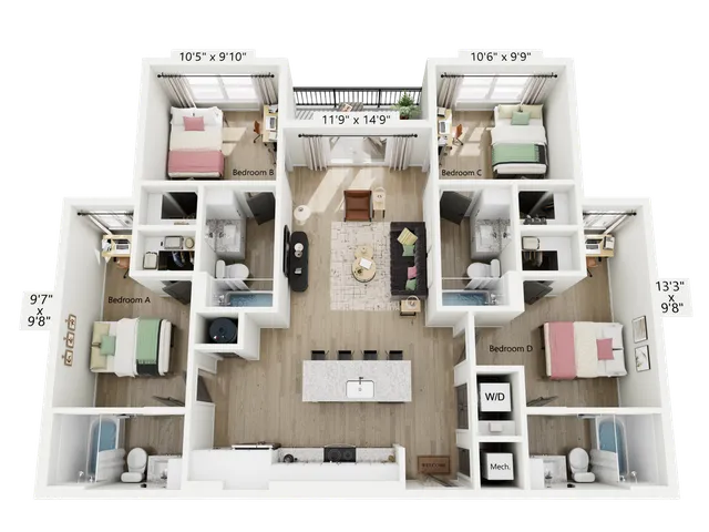 Modern 3D floor plan displaying four bedrooms, open-plan living and dining area, and a chic kitchen.