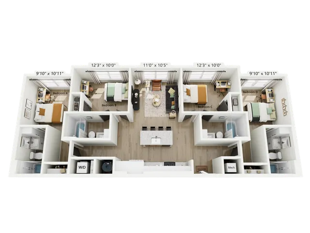 Chic 3D floor plan showcasing four modern bedrooms, an open living area, and a sleek kitchen, ideal for a spacious urban lifestyle.