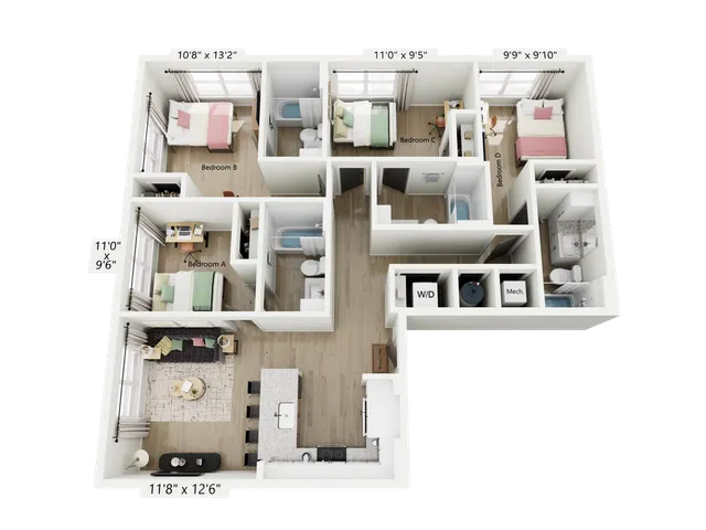Modern 3D floor plan featuring four elegant bedrooms, an open living area with a dining space, a sleek kitchen, and two contemporary bathrooms.