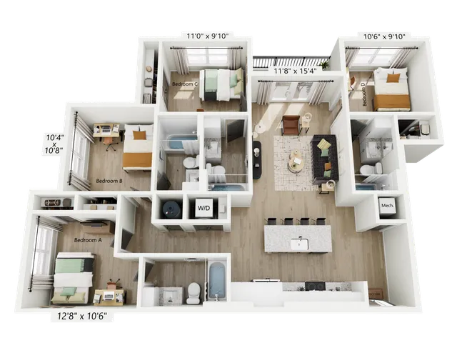 Modern 3D floor plan showcasing four bedrooms, an open-concept living room, a sleek kitchen with island seating, and multiple bathrooms. The design features a cozy balcony, emphasizing spacious and stylish living.