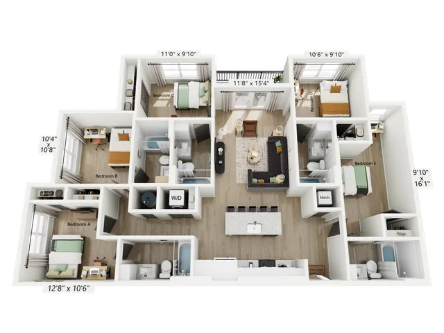 Modern 3D floor plan with five bedrooms, an open-concept living area, and a stylish kitchen, perfect for families seeking spacious living.