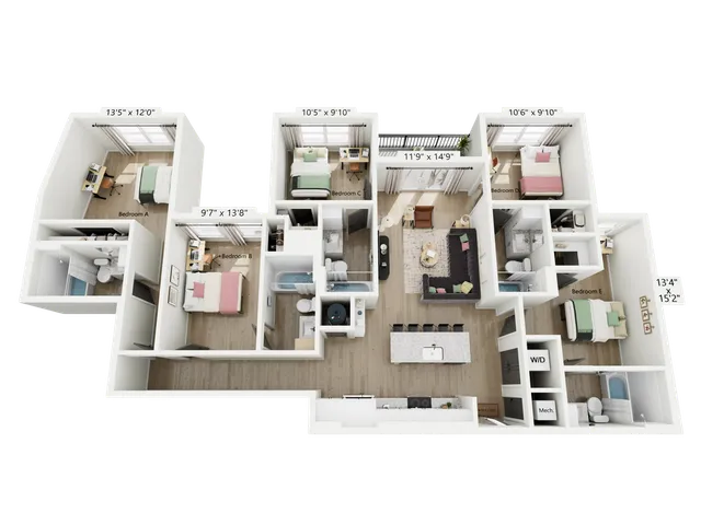 Modern 3D floor plan showcasing 4 cozy bedrooms, an expansive open-concept kitchen with an island, and a welcoming living area filled with natural light.