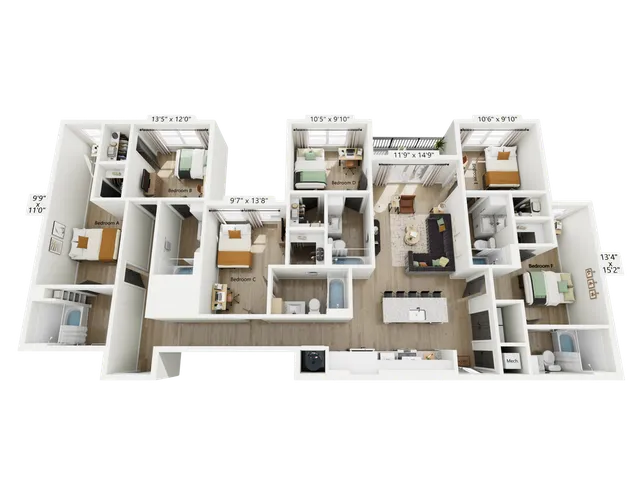 Elegant 2D floor plan featuring six bedrooms, an open-concept living area, and a sleek modern kitchen with island seating.