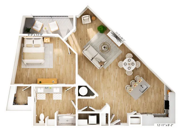 Chic floor plan showcasing a cozy one-bedroom apartment with an open living area, modern kitchen, and private balcony.