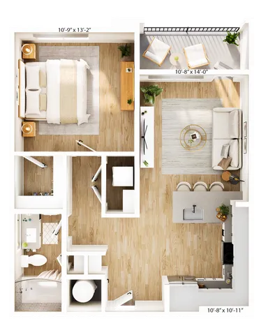 Elegant floor plan showcasing a cozy one-bedroom layout with open living area, modern kitchen, stylish bathroom, and a charming balcony.