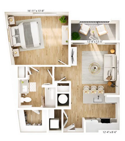 Contemporary open-plan layout featuring a spacious bedroom, cozy living area, modern kitchen, stylish bathroom, and inviting balcony.