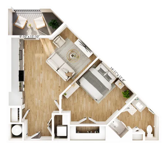 Modern one-bedroom apartment floor plan showcasing an open-concept living area, sleek kitchen, cozy balcony, and stylish bathroom.
