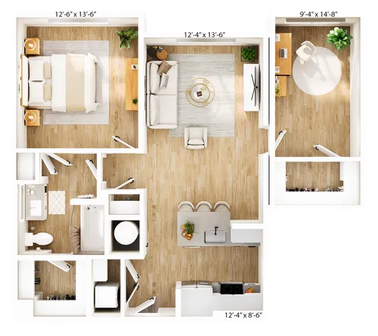 Modern floor plan showcasing 3 bedrooms, a stylish open-plan living area, and a cozy home office. Features sleek kitchen design with island seating and contemporary bathroom layout.