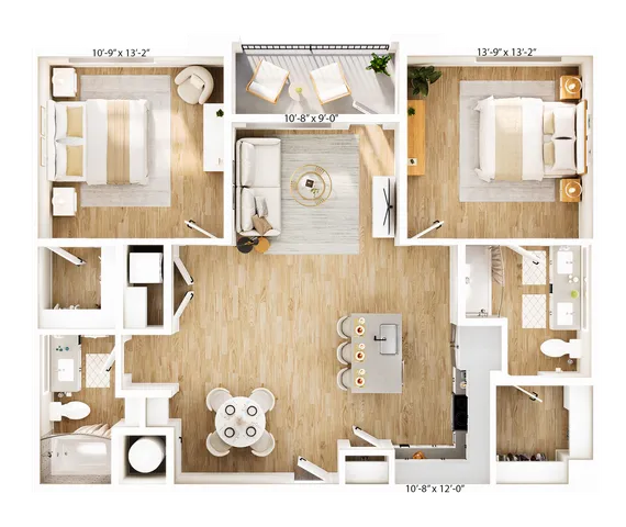 Elegant 2-bedroom apartment floor plan featuring a cozy living area, modern kitchen with island, two bathrooms, and a charming balcony. Ideal for stylish living.