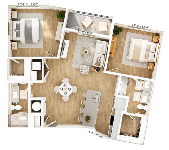 Elegant 3D floor plan showcasing 2 spacious bedrooms, an open living and dining area, and a modern kitchen with island seating. Features two luxurious bathrooms and a cozy balcony, perfect for relaxation.