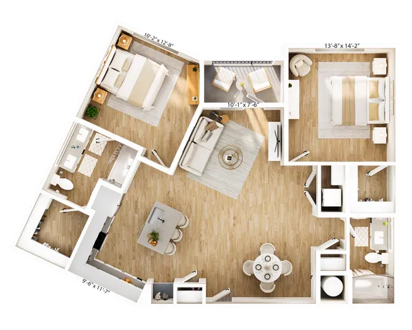 Modern floor plan featuring 2 spacious bedrooms, a cozy living area, and a well-equipped kitchen, all with stylish hardwood flooring and natural light.