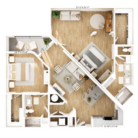 Modern 3D floor plan highlighting a spacious apartment with two bedrooms, elegant living area, balcony, and open kitchen design.