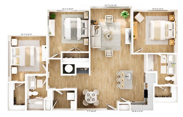 Modern 2D apartment floor plan showcasing 3 spacious bedrooms, a stylish open-plan living and dining area, and a contemporary kitchen with island seating.