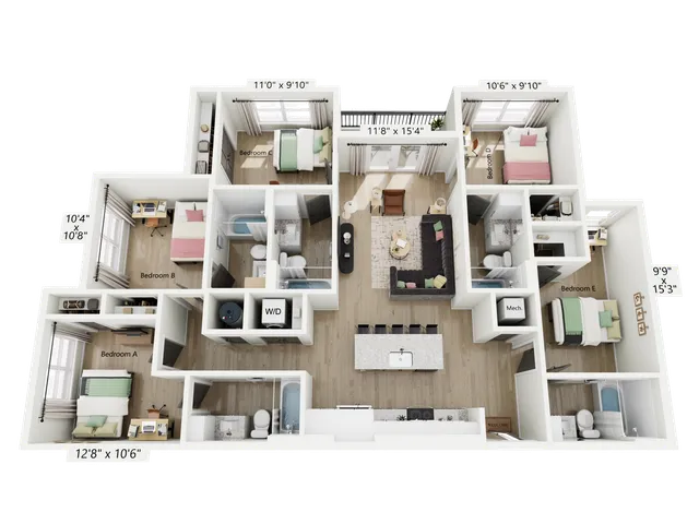 Inviting floor plan showcasing five bedrooms, a cozy living area, modern kitchen, two bathrooms, and a balcony with ample natural light.