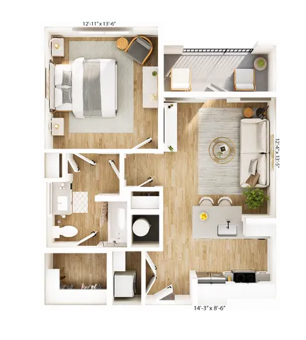 Chic 1-bedroom floor plan with open kitchen, inviting living area, and cozy balcony.