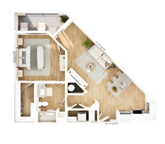 Elegant 1-bedroom apartment floor plan featuring a modern open-concept living area, spacious kitchen, and cozy balcony space.