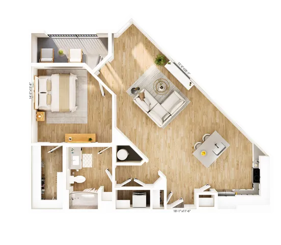 Elegant floor plan showcasing a spacious open-concept living area with abundant natural light, a cozy bedroom, and a modern kitchen.
